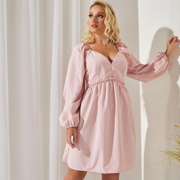 

Plus Frill Trim Lantern Sleeve Sweetheart Neck Dress, Baby pink