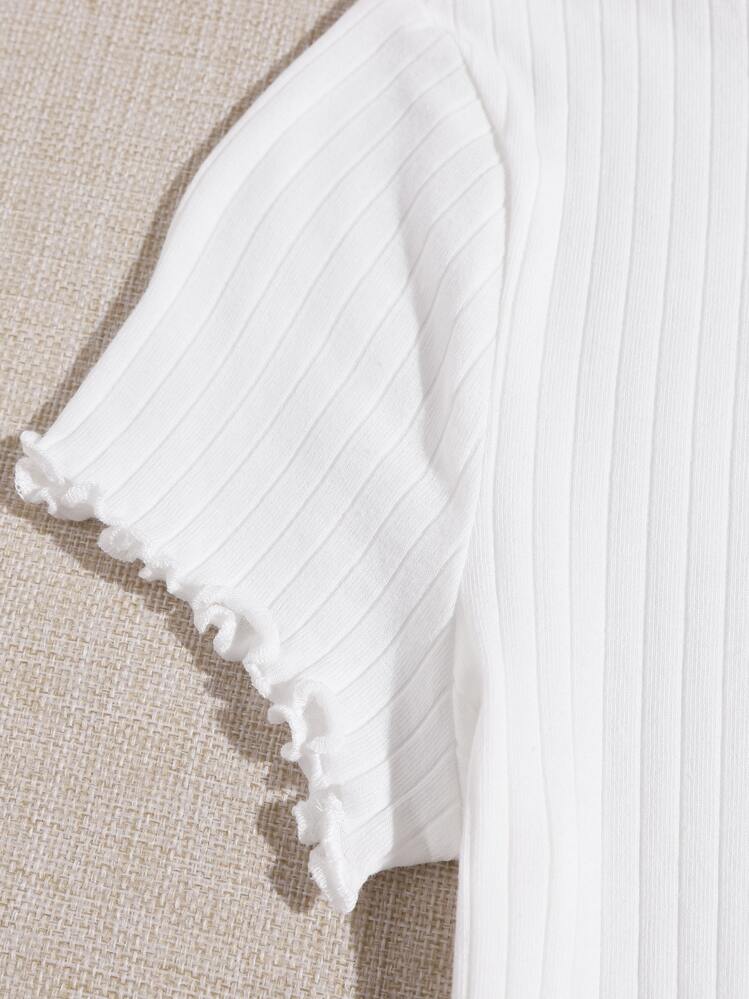 SHEIN EZwear 大碼木耳邊螺紋針織T恤 - 白色 - 查看 3