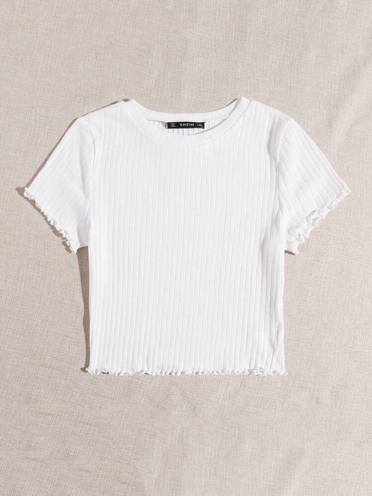 SHEIN EZwear 大碼木耳邊螺紋針織T恤 - 白色 - 查看 4