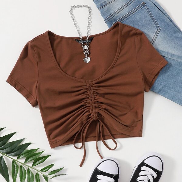 

Plus Scoop Neck Drawstring Ruched Tee, Coffee brown