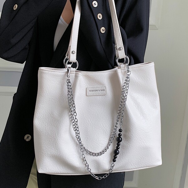 

Chain Decor Letter Patch Shoulder Tote Bag, White
