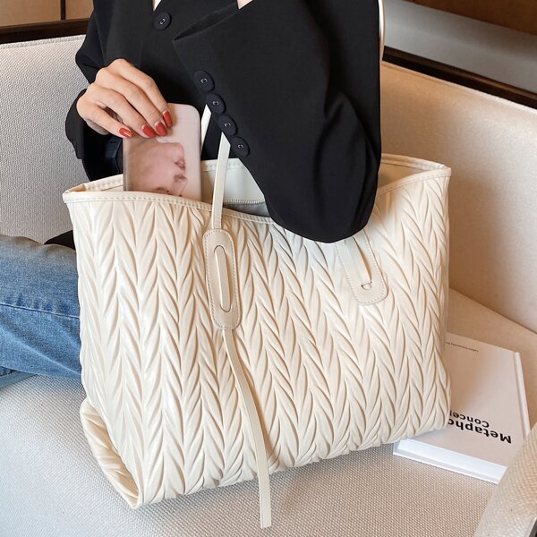 

Minimalist Quilted Shoulder Tote Bag, Beige
