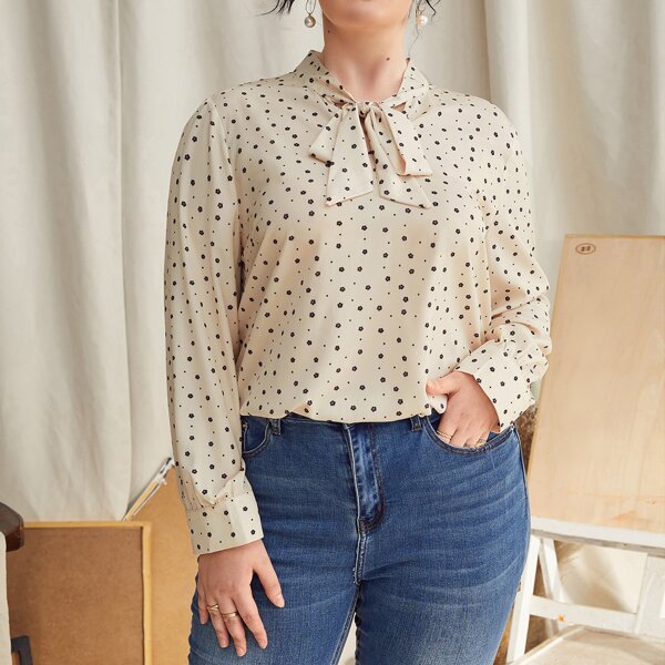 

Plus Ditsy Floral Print Tie Neck Blouse, Apricot