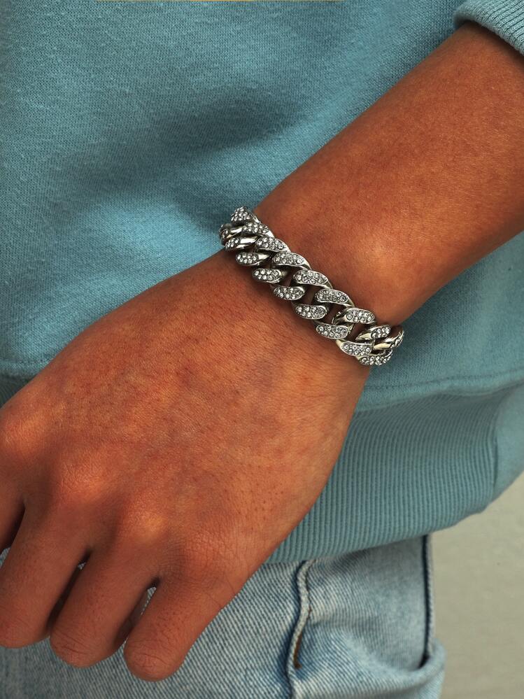 Fashionable and Popular Men Rhinestone Chain Bracelet Alloy for Jewelry Gift and for a Stylish Look - Silver - View 1