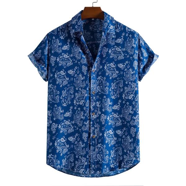 

Men Paisley Print Button Front Shirt, Royal blue