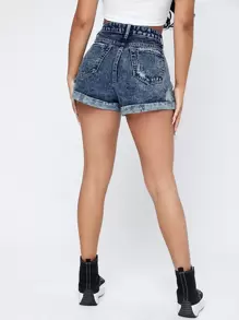SHEIN Unity Light Wash Cuffed Denim Shorts - Medium Wash - View 2