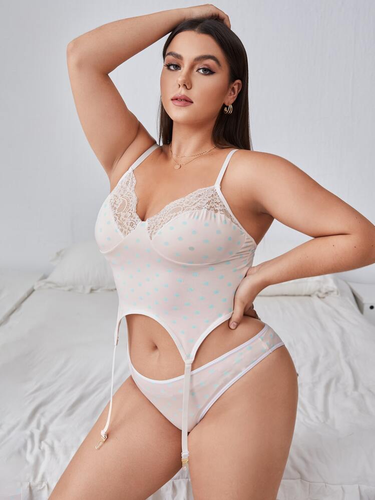 Plus Polka Dot Contrast Lace Garter Lingerie Set - Baby Pink - View 1
