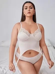 Plus Polka Dot Contrast Lace Garter Lingerie Set - Baby Pink - View 3