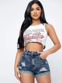 SHEIN Unity Light Wash Cuffed Denim Shorts - Medium Wash - View 6