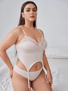 Plus Polka Dot Contrast Lace Garter Lingerie Set - Baby Pink - View 4