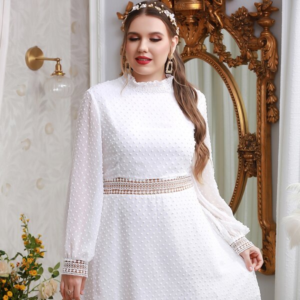

Plus Swiss Dot Contrast Guipure Lace Bishop Sleeve Mock Neck Dress, White