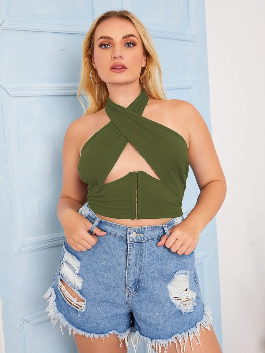 Top halter con abertura con tiras cruzadas - Verde militar - Ver 1