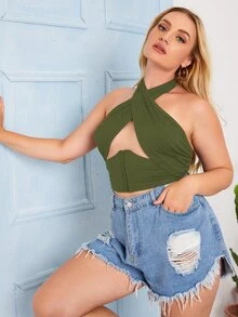 Top halter con abertura con tiras cruzadas - Verde militar - Ver 3