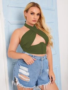 Top halter con abertura con tiras cruzadas - Verde militar - Ver 5