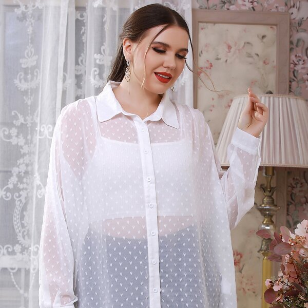 

Plus Swiss Dot Button Up Sheer Blouse, White