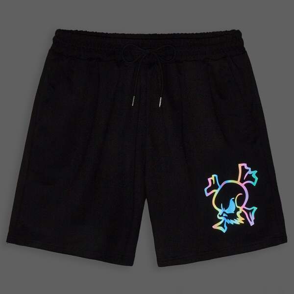 

Men Reflective Cartoon Graphic Drawstring Waist Shorts, Black