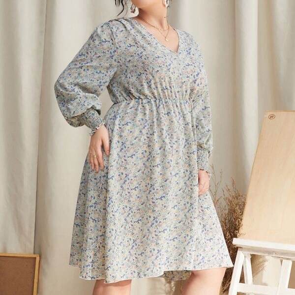 

Plus Ditsy Floral Shirred Cuff Bishop Sleeve Dress, Multicolor