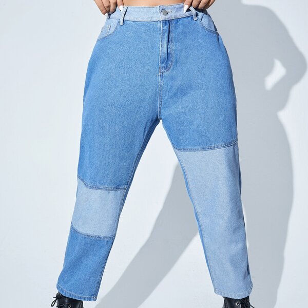 

Plus High Waist Contrast Panel Jeans, Medium wash