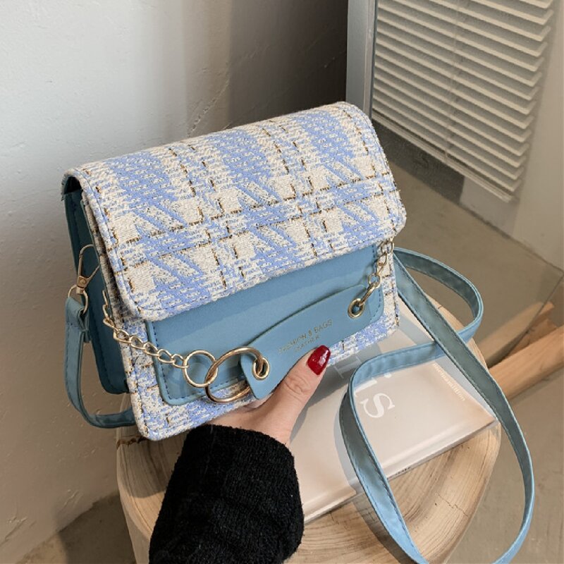 

Plaid Pattern Flap Crossbody Bag, Baby blue