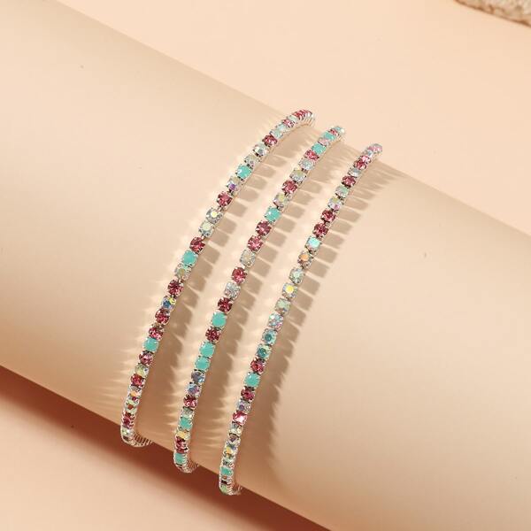 

3pcs Rhinestone Decor Bracelet, Multicolor
