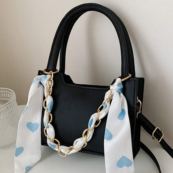 

Twilly Scarf Decor Satchel Bag, Black