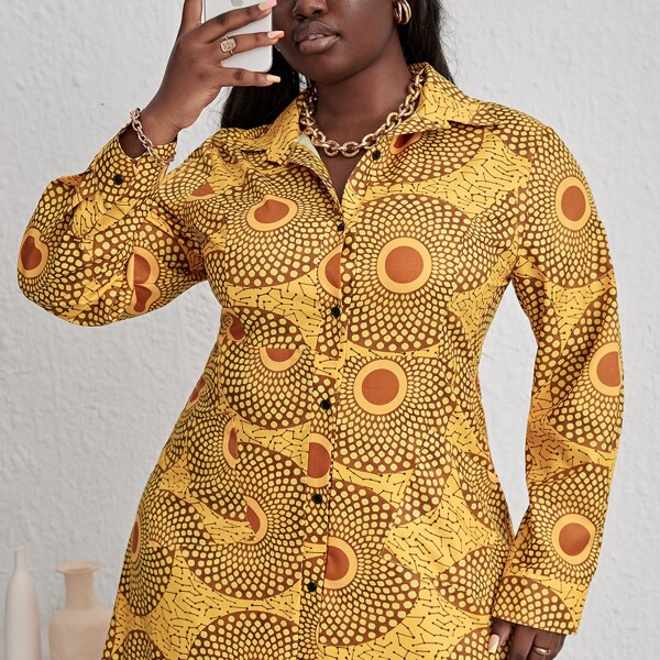 

Plus Allover Print Button Up Shirt Dress, Yellow