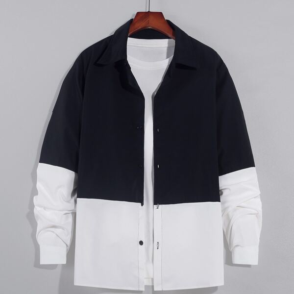

Men Colorblock Button Through Shirt Without Tee, Black and white