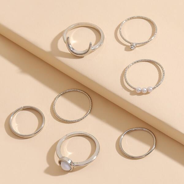 

7pcs Faux Pearl & Moon Decor Ring, Silver