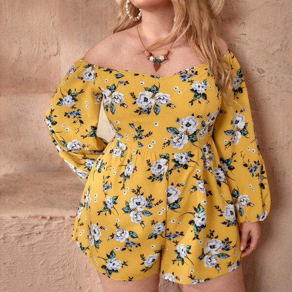 

Plus Floral Print Off Shoulder Romper, Yellow
