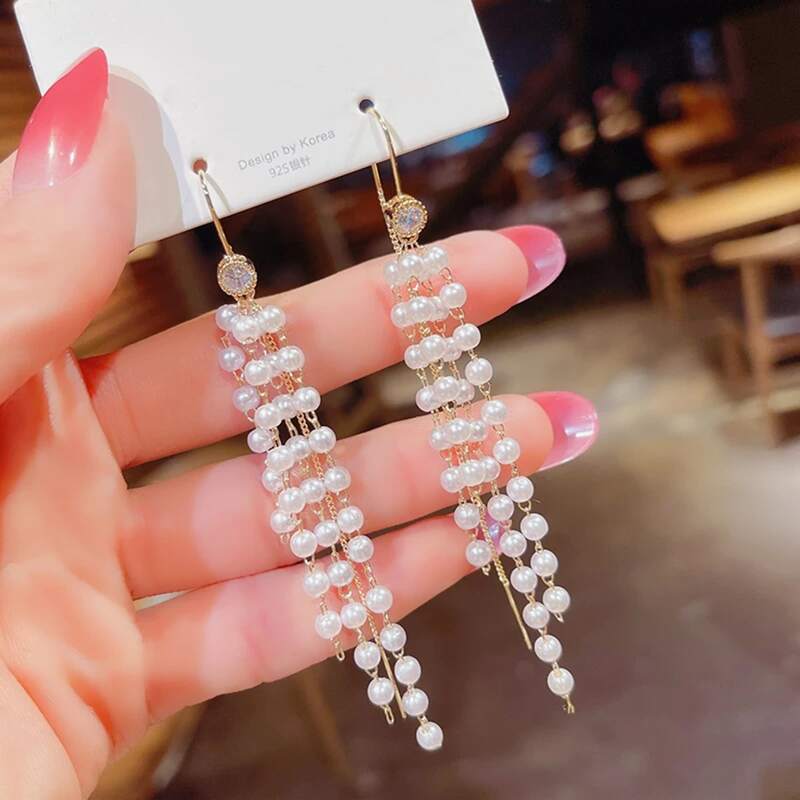 

Faux Pearl Tassel Drop Earrings, Gold