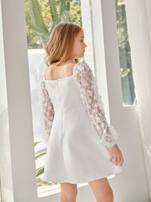 SHEIN Girls Square Neck Contrast Applique Mesh Lantern Sleeve Dress - White - View 4