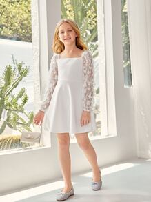SHEIN Girls Square Neck Contrast Applique Mesh Lantern Sleeve Dress - White - View 5