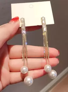 假珍珠裝飾方形鋯石流蘇耳環 - 金黃色 - 查看 1