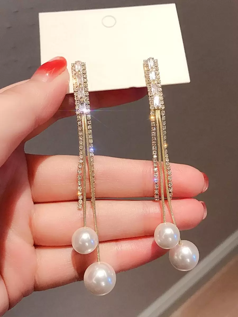 假珍珠裝飾方形鋯石流蘇耳環 - 金黃色 - 查看 1