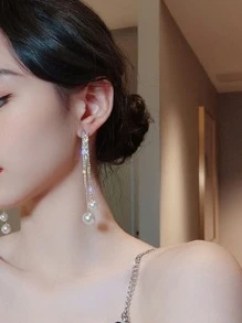 假珍珠裝飾方形鋯石流蘇耳環 - 金黃色 - 查看 2