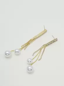 假珍珠裝飾方形鋯石流蘇耳環 - 金黃色 - 查看 3