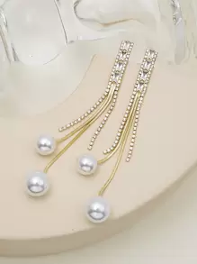 假珍珠裝飾方形鋯石流蘇耳環 - 金黃色 - 查看 4