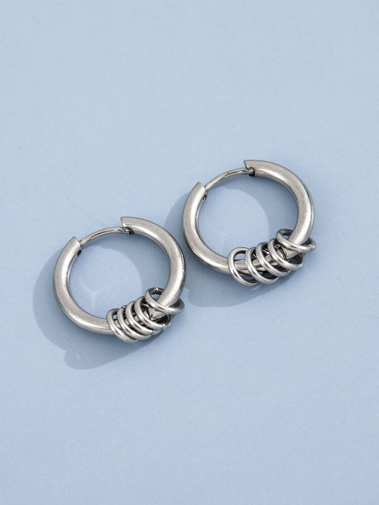 Fashionable and Popular Men Ring Decor Hoop Earrings Stainless Steel Punk Hip Pop Style for Jewelry Gift and for a Stylish Look - Silver - View 2