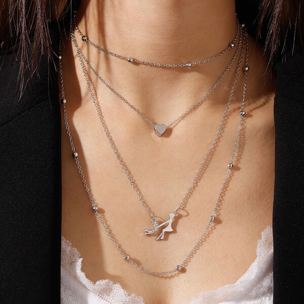 

Heart Detail Layered Necklace, Silver