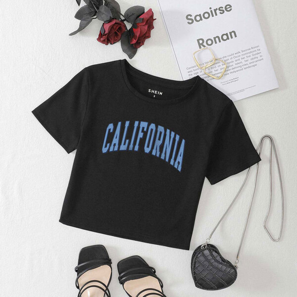 

Letter Print Round Neck Tee, Black