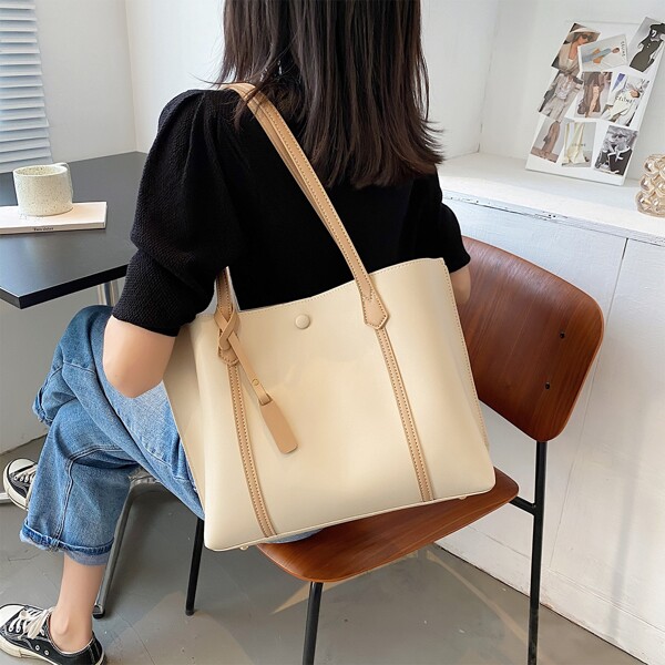 

Trim Detail Shoulder Tote Bag, Beige