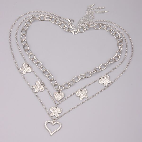 

3pcs Rhinestone Heart & Butterfly Charm Necklace, Silver