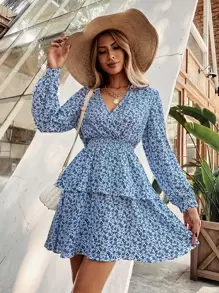 Ditsy Floral Print Shirred Waist Layered Hem Dress - Blue and White - View 1