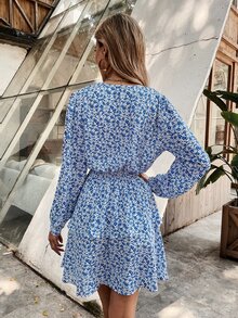 Ditsy Floral Print Shirred Waist Layered Hem Dress - Blue and White - View 2