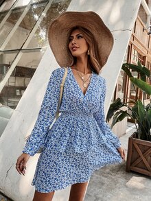 Ditsy Floral Print Shirred Waist Layered Hem Dress - Blue and White - View 4