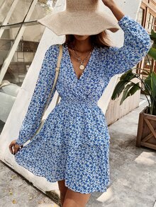 Ditsy Floral Print Shirred Waist Layered Hem Dress - Blue and White - View 6