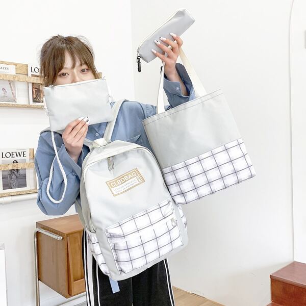 

4pcs Plaid Patch Decor Backpack Set, Grey