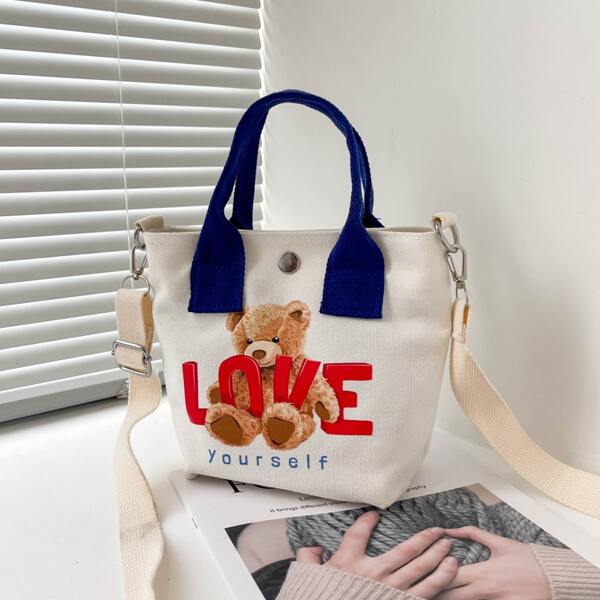 

Cartoon & Letter Graphic Canvas Bucket Bag, White