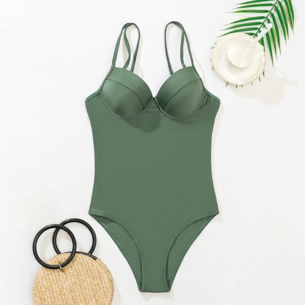 

Plain Push Up One Piece Swimsuit, Army green