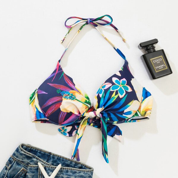 

Floral & Tropical Push Up Halter Bikini Top, Multicolor
